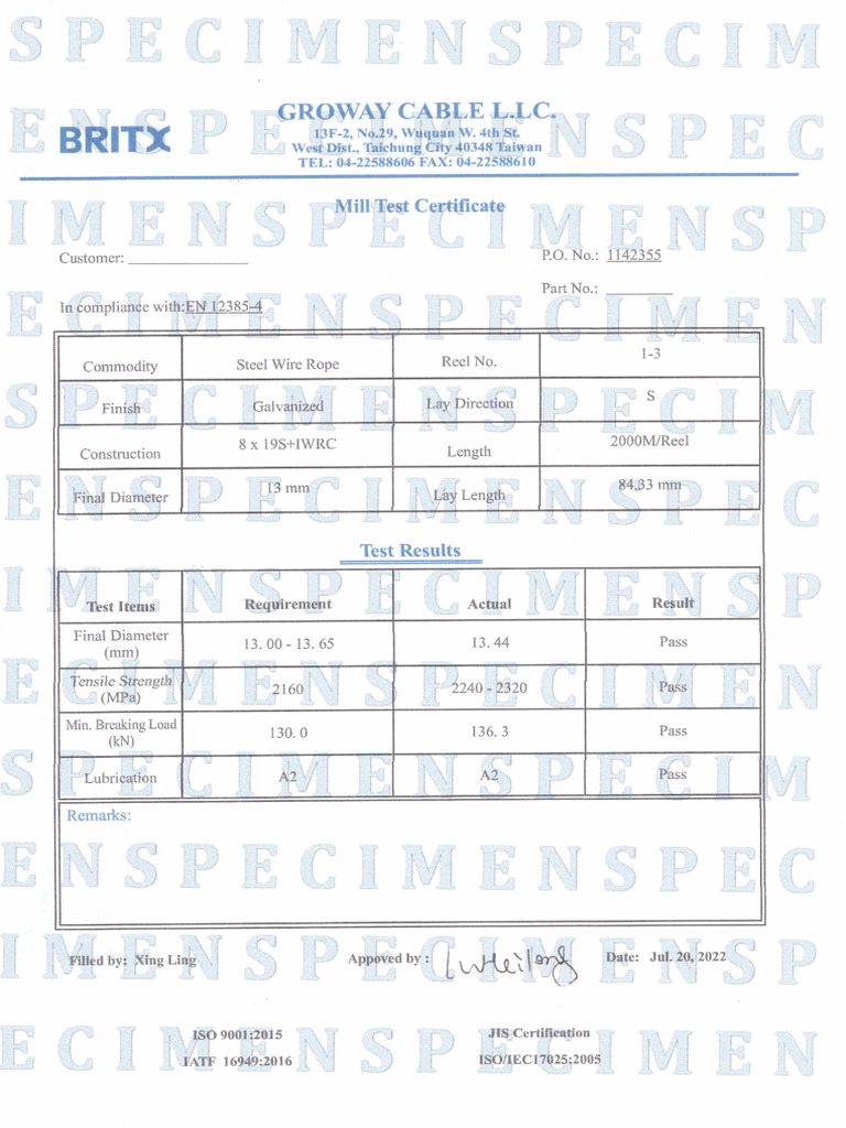 Spesimen Mill Test Certificate - Wire Rope 13MM 8XS19 IWRC LHOL | PDF