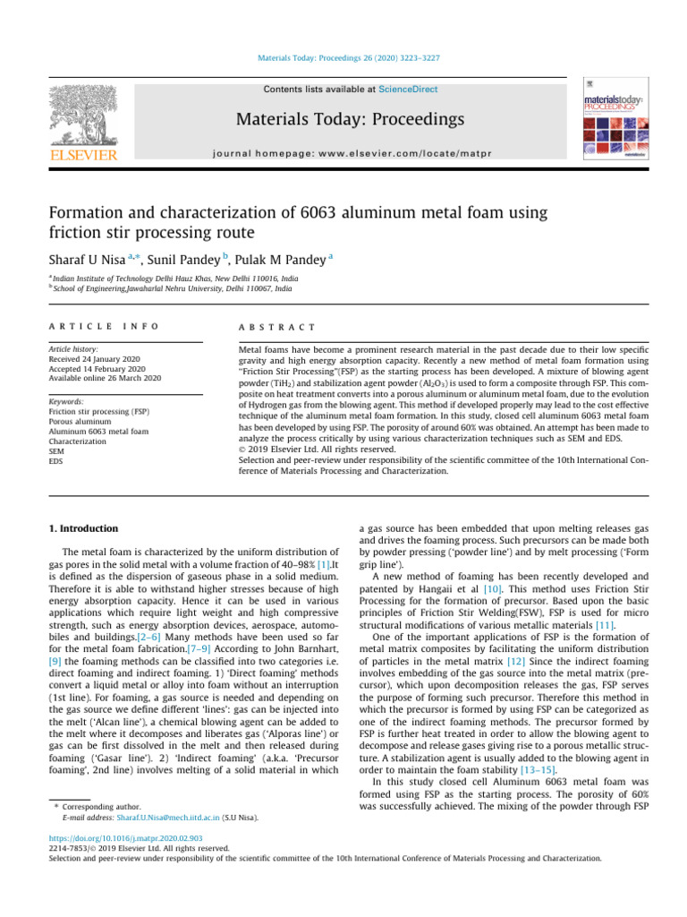 2020 Formation and Characterization of 6063 Aluminum Metal Foam Using ...