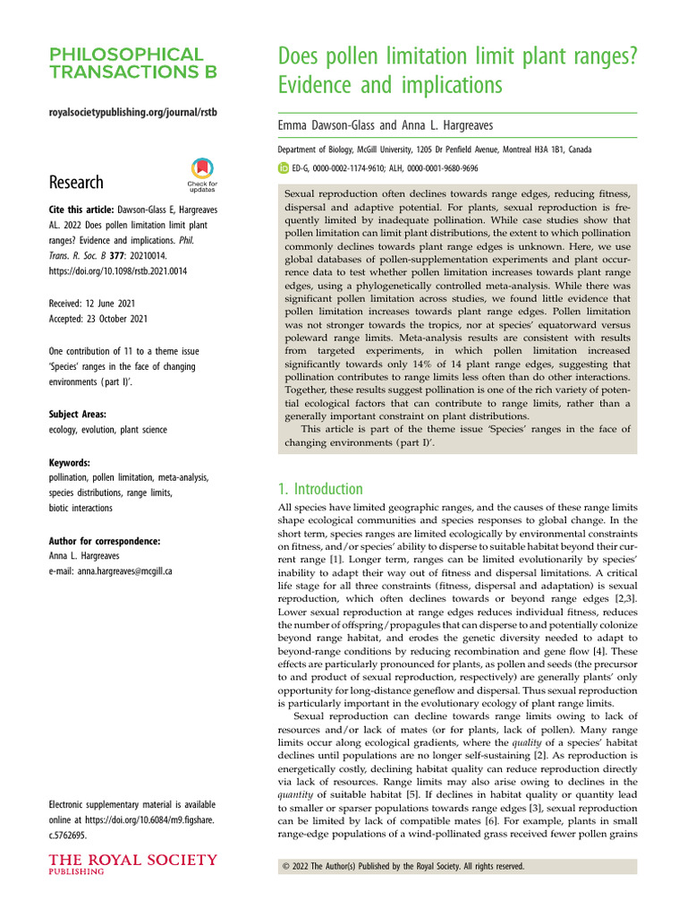 Pollen Limitation and Plant Range Limits | PDF | Flowers | Reproduction