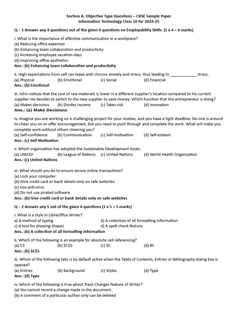 CBSE Class 10 IT Sample Paper 2024-25 | PDF | Data Model | Databases