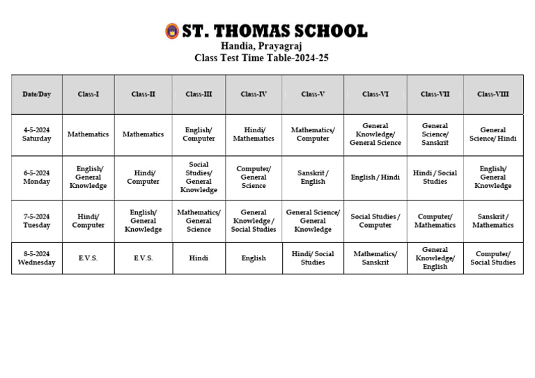Class Test Time Table (I To Viii) | PDF