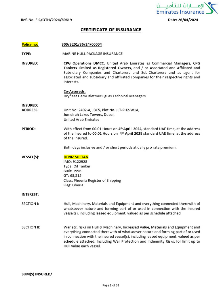 Marine Hull Insurance Certificate | PDF | Insurance | Deductible