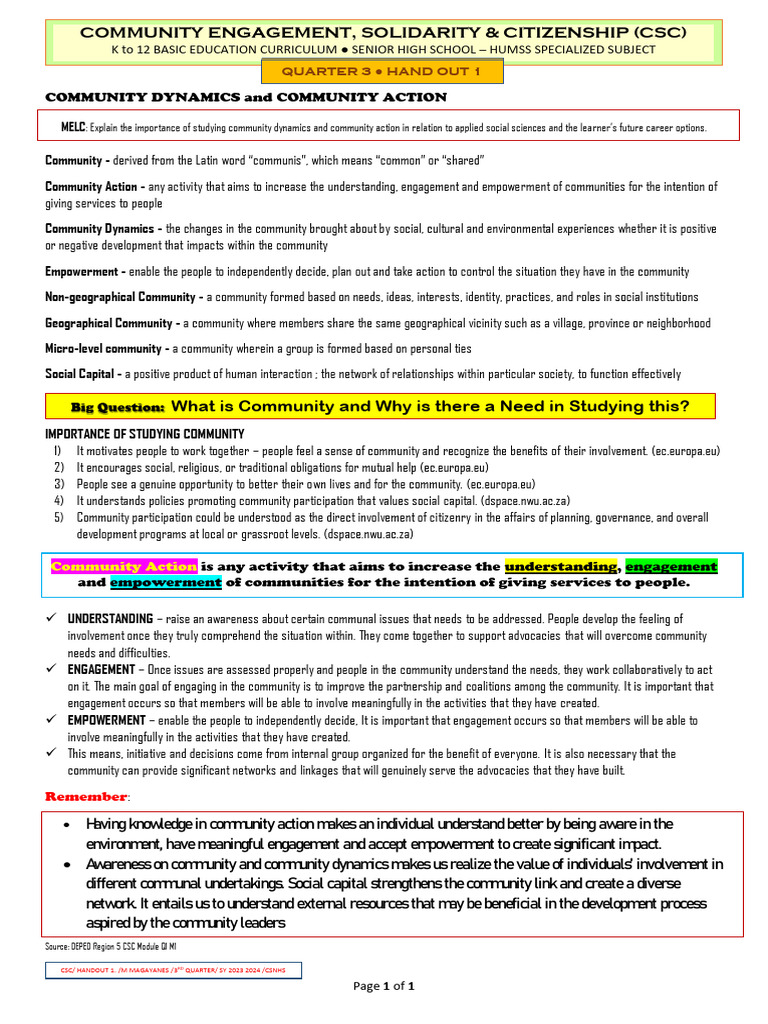 CSC Q3. Hand Out 1 Sy 2023 2024 | PDF | Community | Empowerment