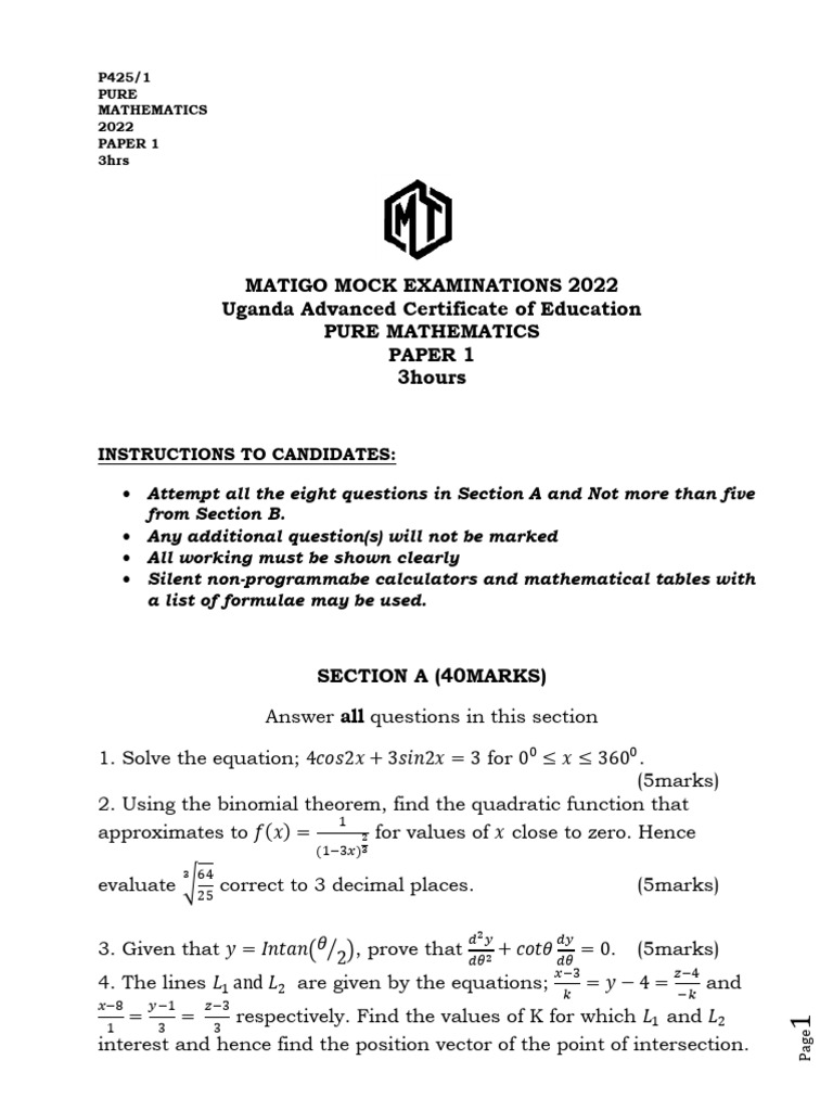 Uganda A-Level Pure Mathematics Exam | PDF | Equations | Mathematics