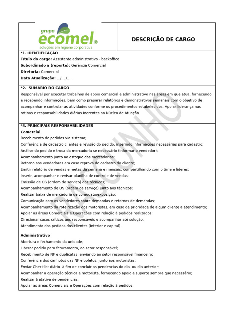 Descrição de Cargo: Assistente Administrativo | PDF