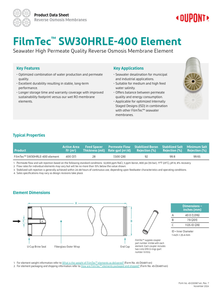 FilmTec SW30HRLE-400 Membrane Data | PDF | Membrane | Materials