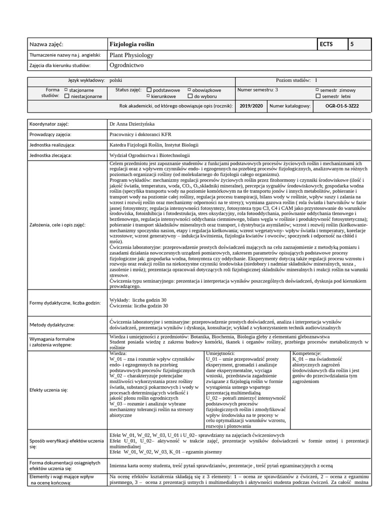 OGR O1 S 3Z22 Fizjologia Roślin | PDF