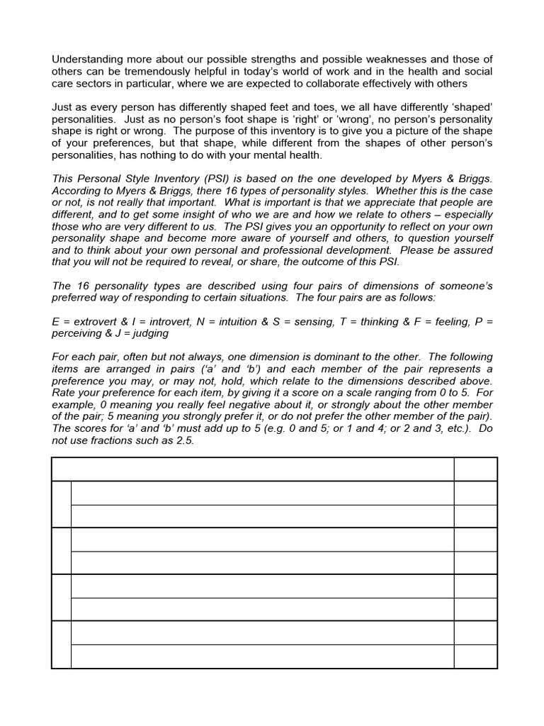 Personal Style Inventory Based On Myers Briggs | PDF | Extraversion And ...