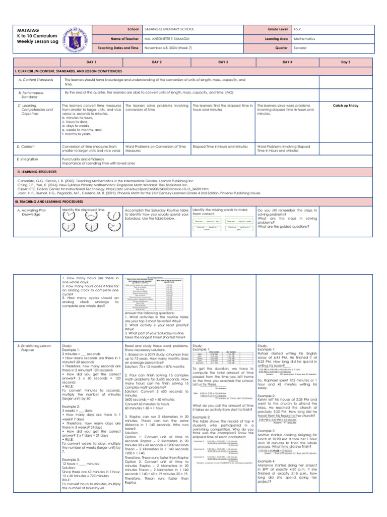Grade 4 Math Lesson: Time Conversion | PDF | Curriculum | Conversation