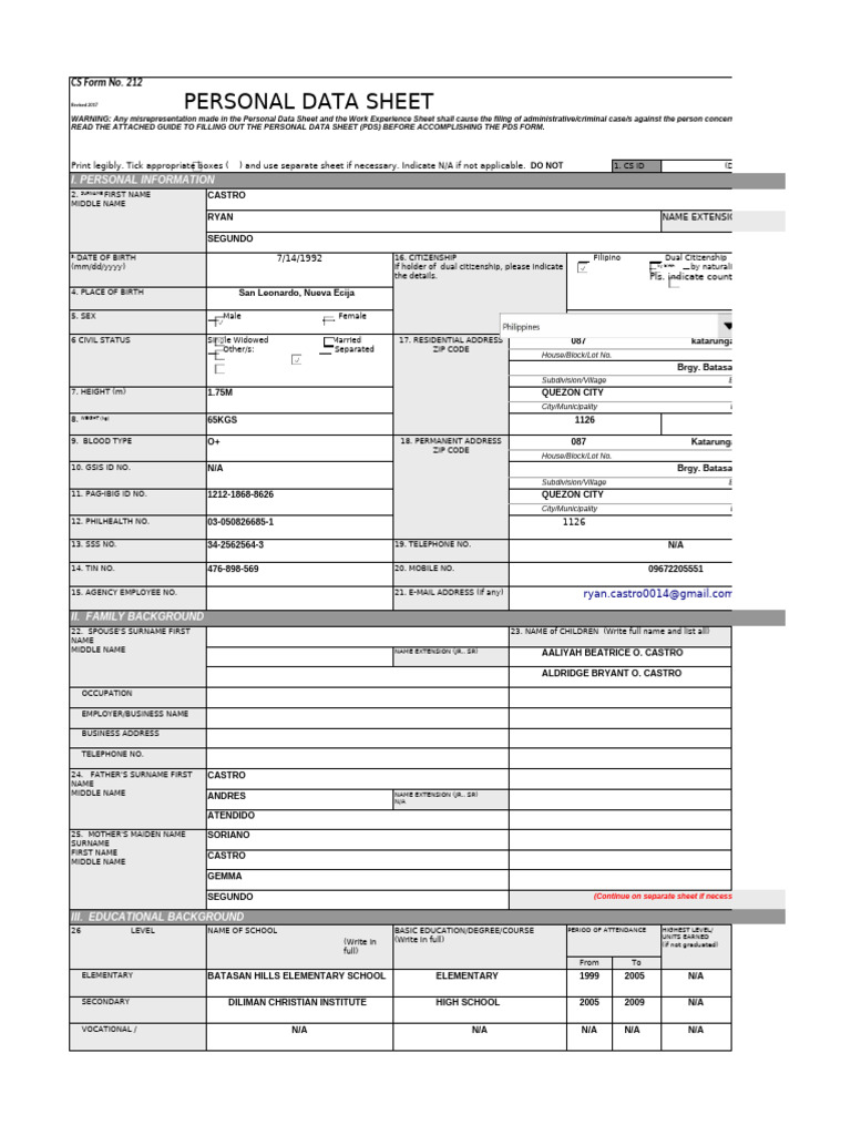 Ryan Castro's Personal Data Sheet | PDF | Computing