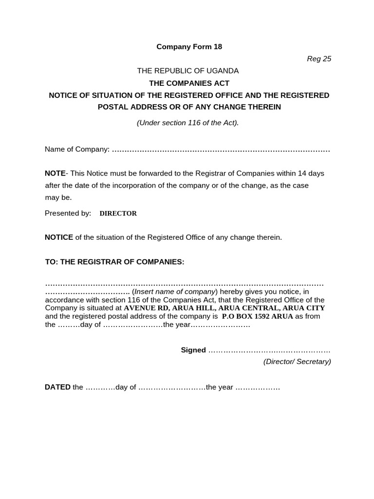 Notice of Registered Office - Form 18 | PDF