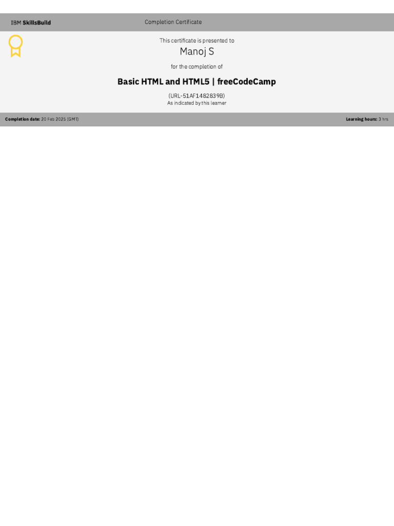 Basic HTML & HTML5 Certificate - Manoj S | PDF