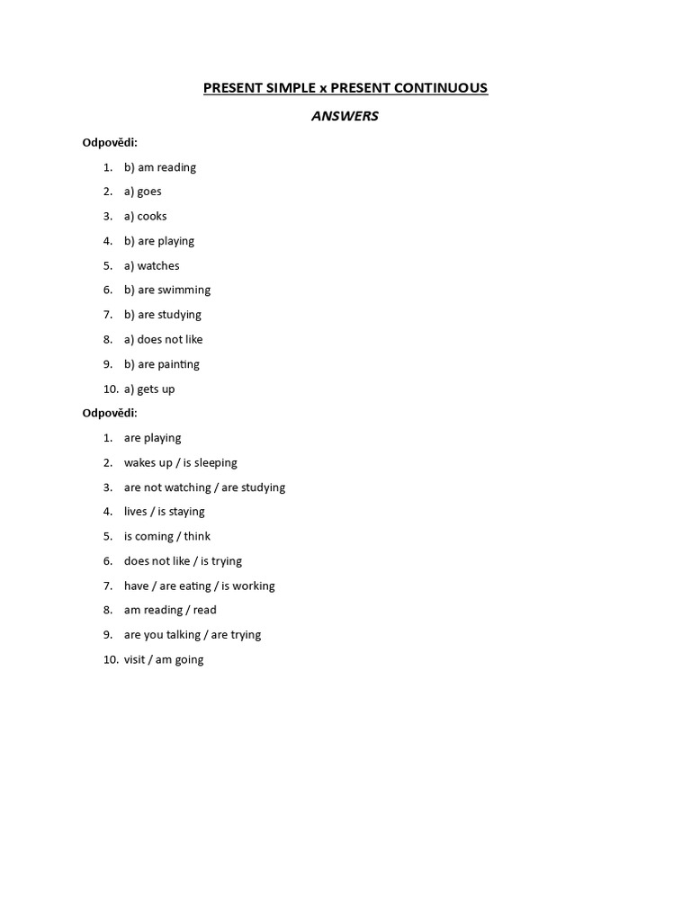 Present Simple vs Continuous Answers | PDF