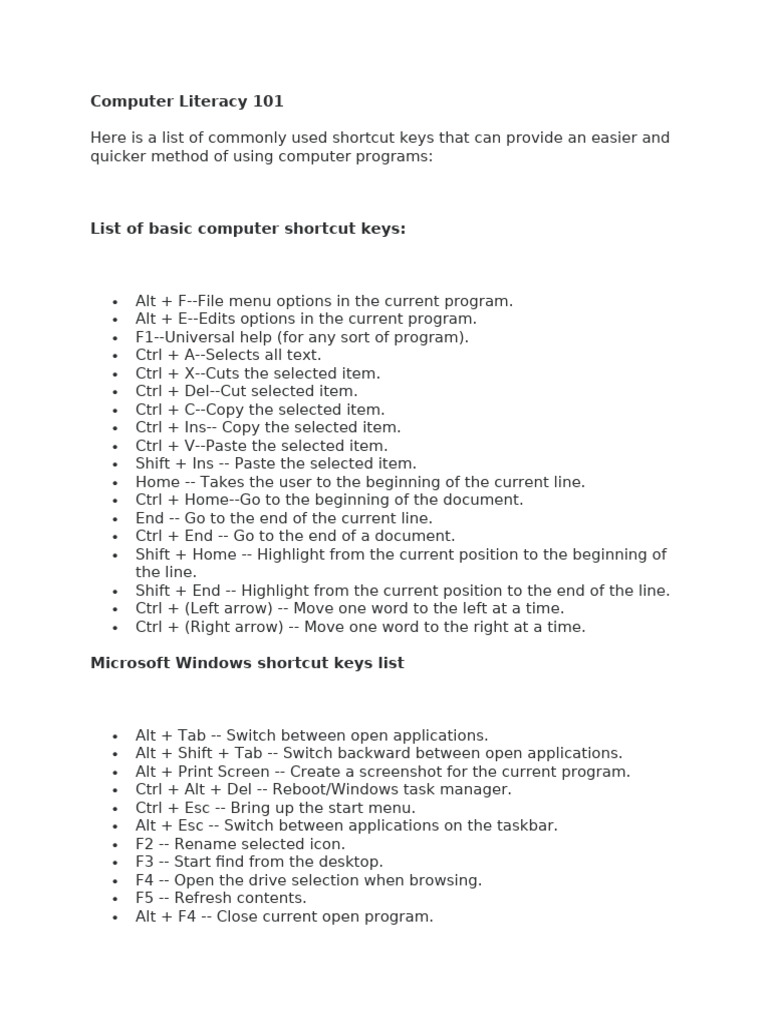 Essential Computer Shortcut Keys Guide | PDF