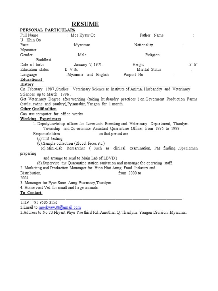 Resume: Personal Particulars | PDF