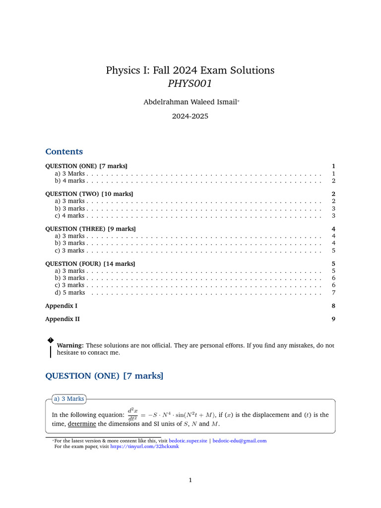Physics I Final Fall 2024 - Solution - Bedotic Notes | PDF | Motion ...