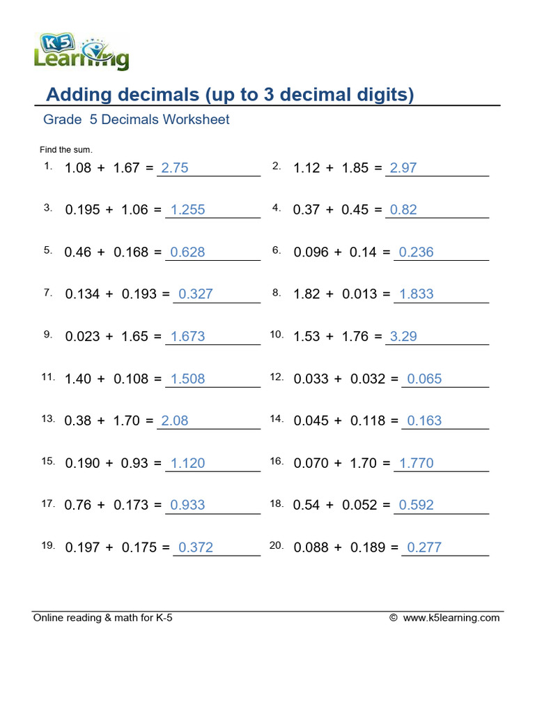 Grade 5 Adding & Subtracting Decimals | PDF | Arithmetic | Mathematics
