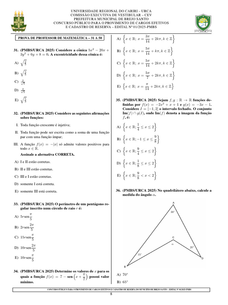 Questões de Matemática - Concurso PMBS 2025 | PDF | Funções e ...