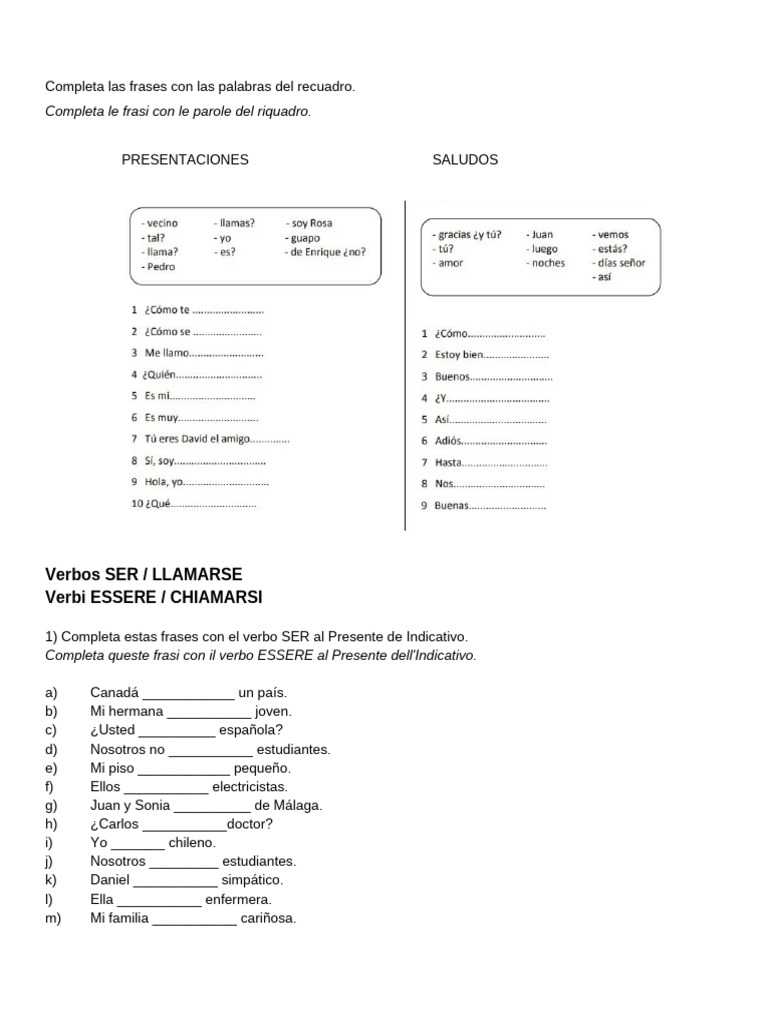 Ejercicios de español A1 para imprimir | PDF