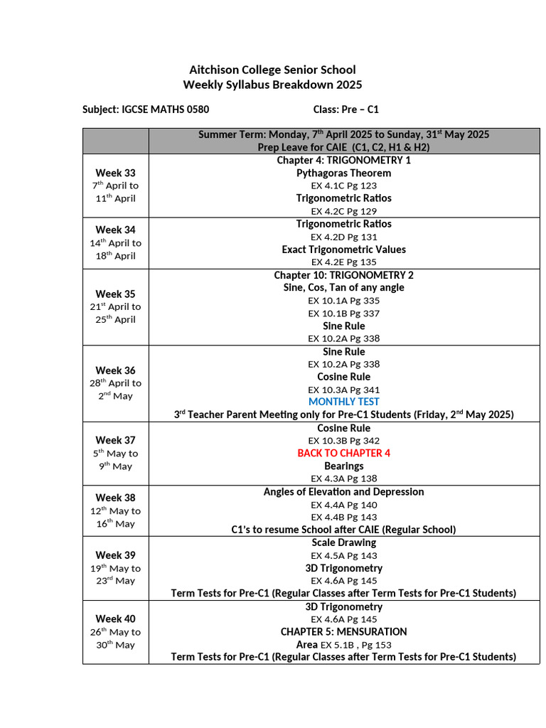 PRE C1 Marths Weekly Syllabus Breakdown 2025 | PDF | Trigonometry ...
