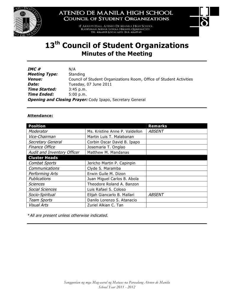 Ateneo Student Council Meeting Minutes 2011 | PDF