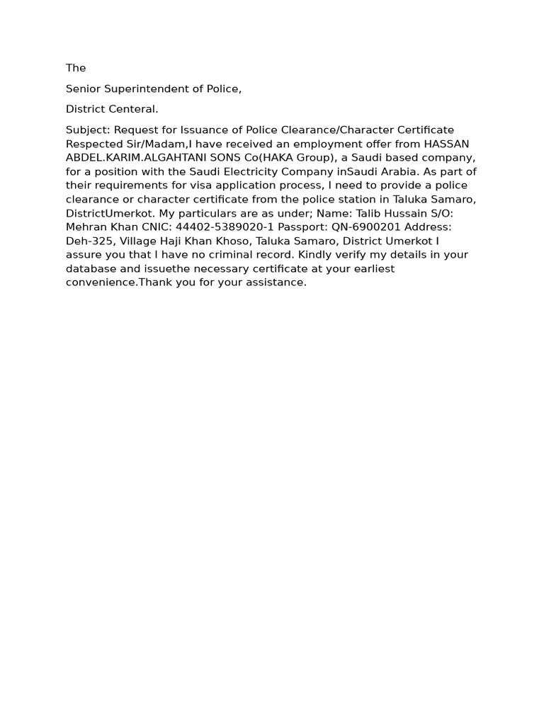 Police Format For Learance | PDF