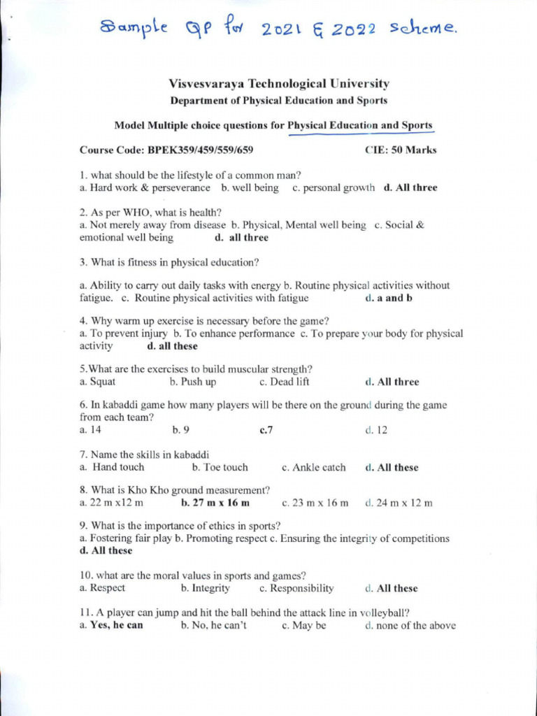 Sports Sample Question Paper | PDF