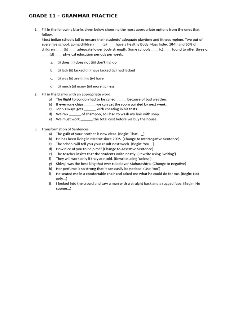 Grade 11 Grammar Practice Exercises | PDF