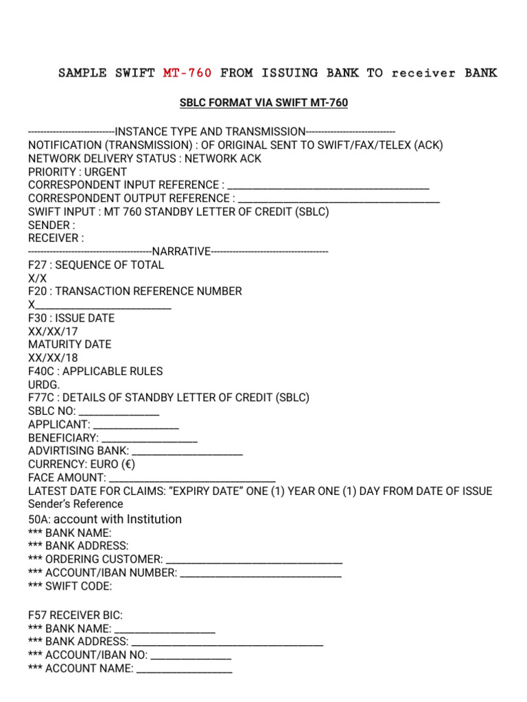 SBLC MT-760 Format and Sample | PDF | Letter Of Credit | Banks