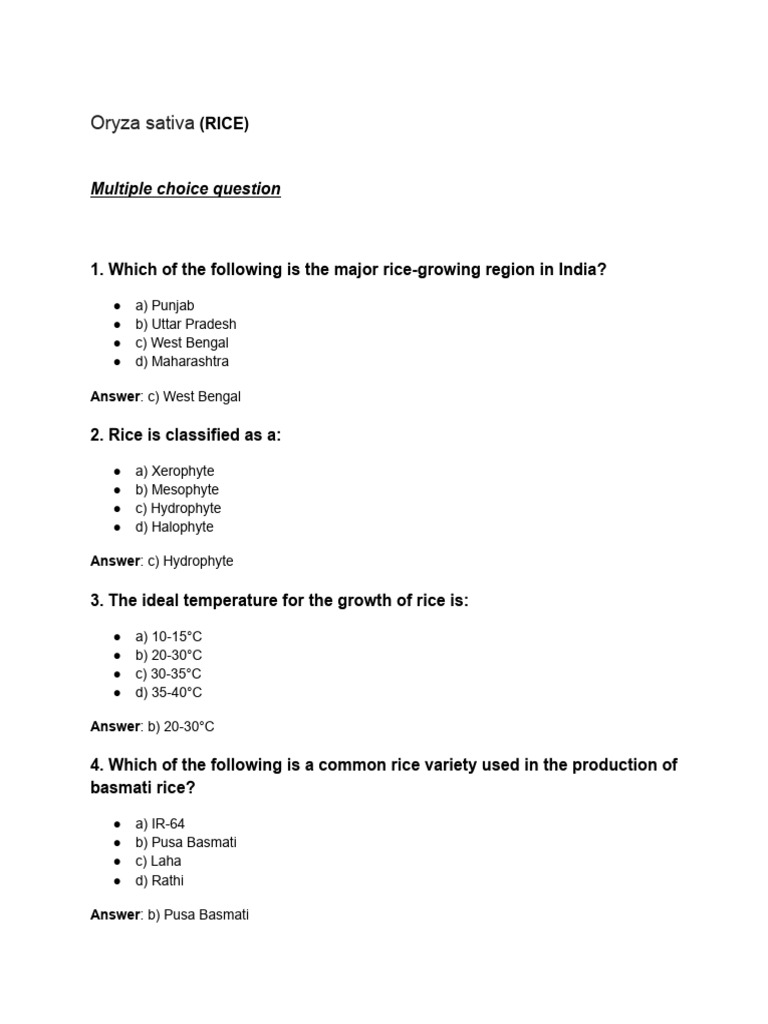 Rice Cultivation MCQs and Answers | PDF | Rice | Plant Nursery