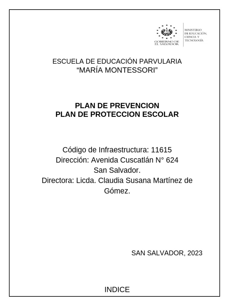 Plan de Protección Escolar Montessori | PDF | Defensa Civil | El Salvador