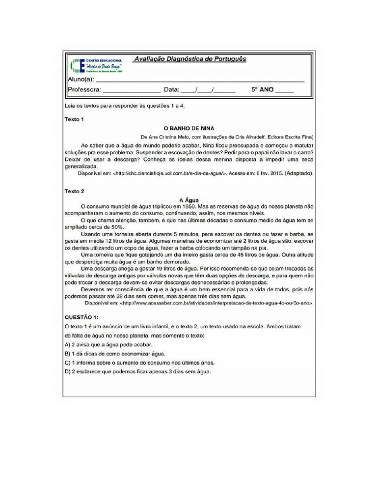 Avaliação Diagnóstica de Português 5 Ano para Imprimir e Baixar em PDF ...