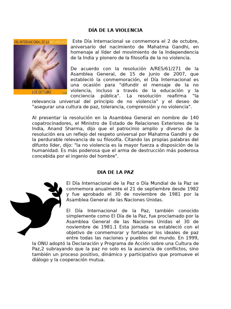 Día Internacional de la No Violencia y Paz | PDF | Paz | Políticas globales