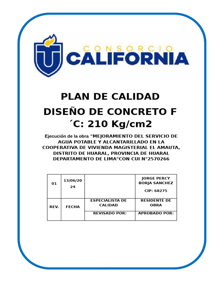 Plan de Calidad para Concreto F 210 Kg/cm2 | PDF