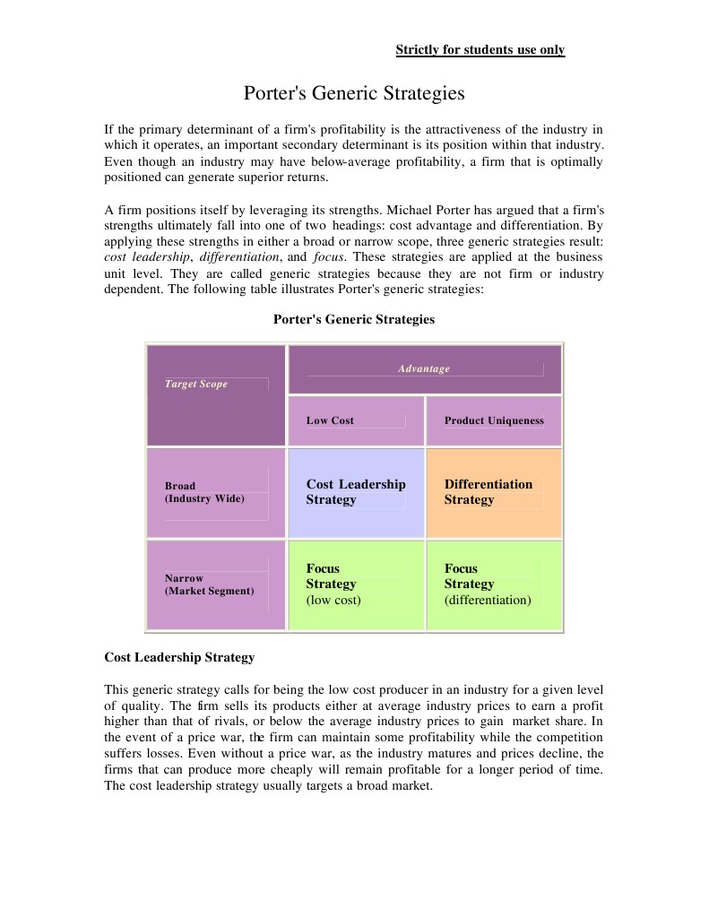 Porter's Generic Strategies | PDF | Competitive Advantage | Strategic ...