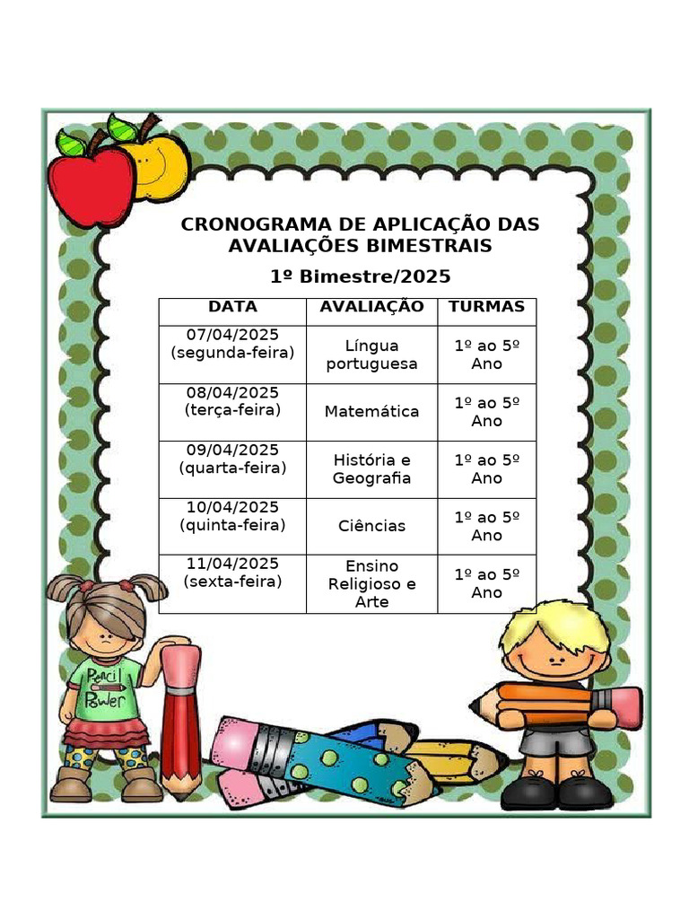 Cronograma Avaliações Bimestrais 2025 | PDF