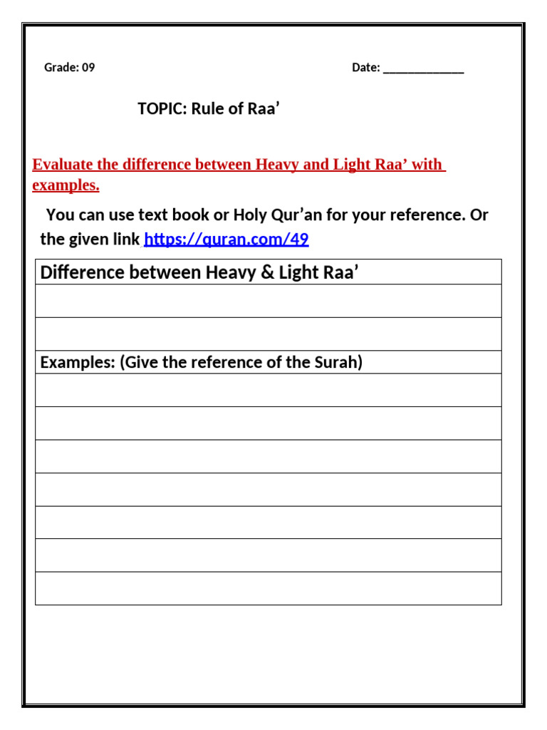 Worksheet Al Mus Haf Difference Between Heavy and Light Raa Grade 09 | PDF