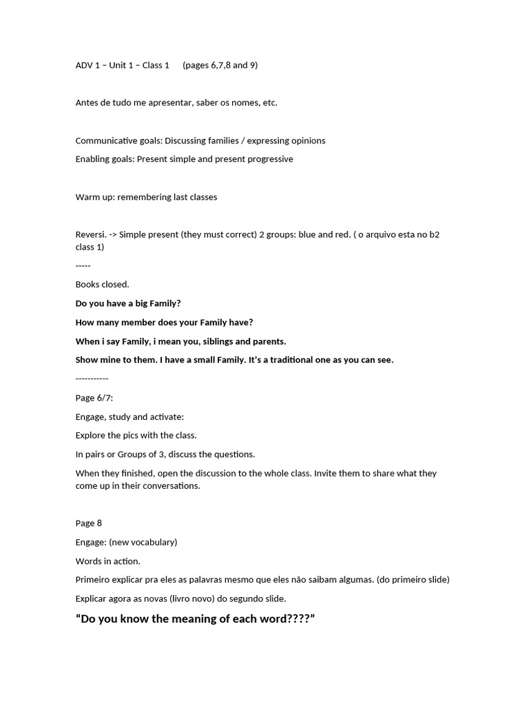 Adv1 - Unit 1 - Class 1 (2018.1) - Plan | PDF | Family | Engagement