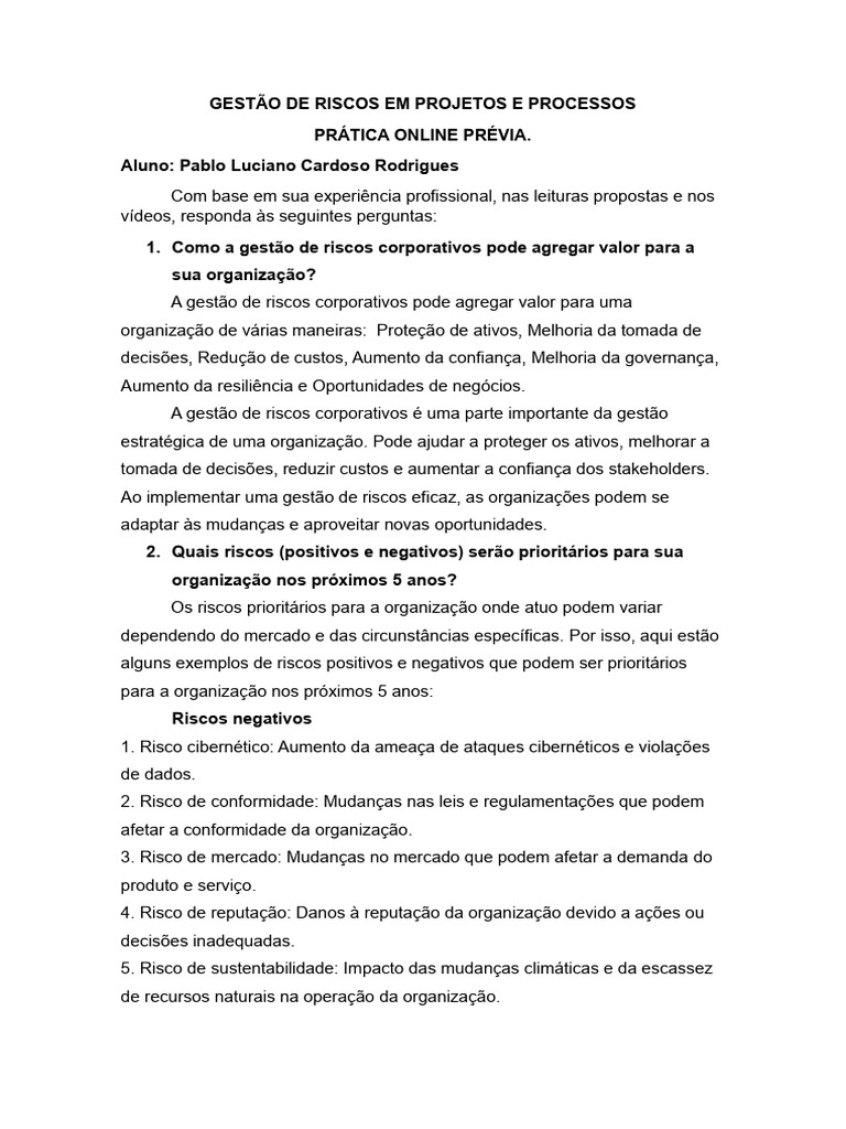 Gestão de Riscos em Projetos e Processos | PDF | Conformidade ...