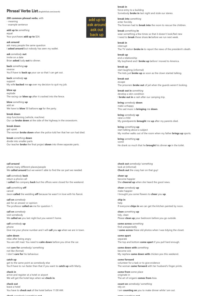 200 Common Phrasal Verbs Explained | PDF