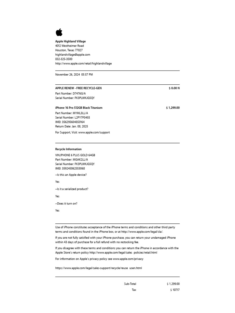 Apple Purchase Receipt for iPhone 16 Pro | PDF | I Phone | Apple Inc.