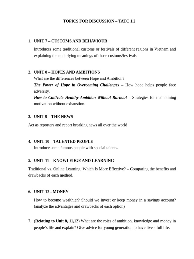 Discussion Topics for TATC 1.2 | PDF