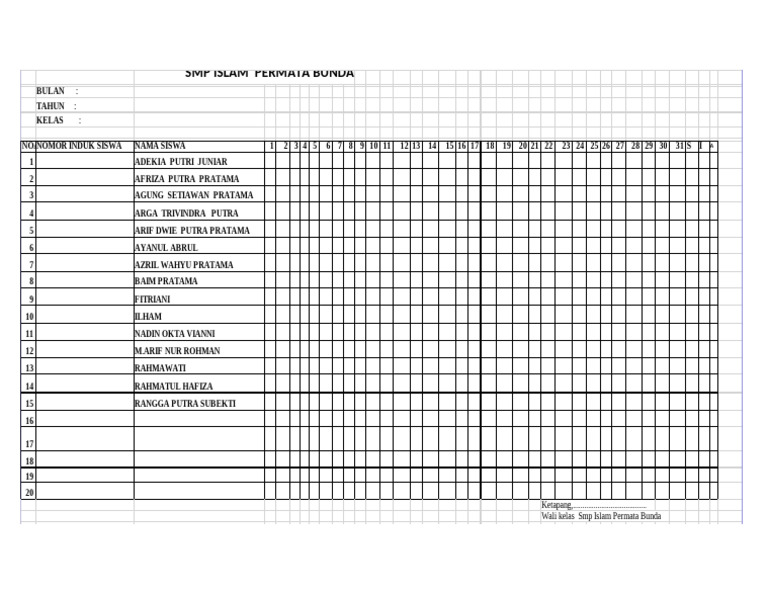 Absen Kelas 7 Word | PDF