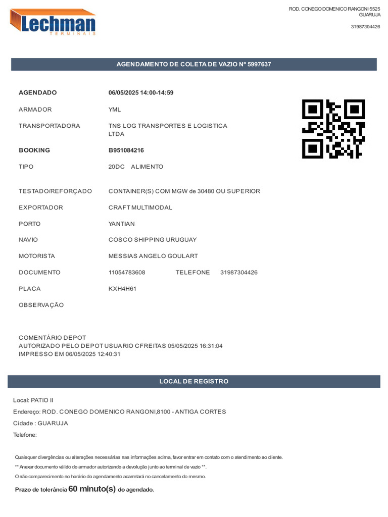 Agendamento de Coleta de Vazio Lechman | PDF