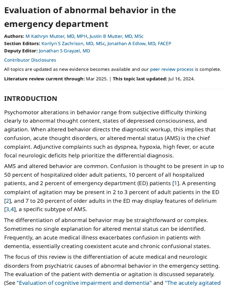 UpToDate Evaluation of Abnormal Behavior in The Emergency Department ...