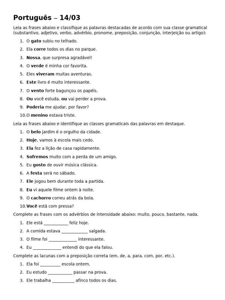Exercícios de Classes Gramaticais 6º Ano | PDF | Classe gramatical ...