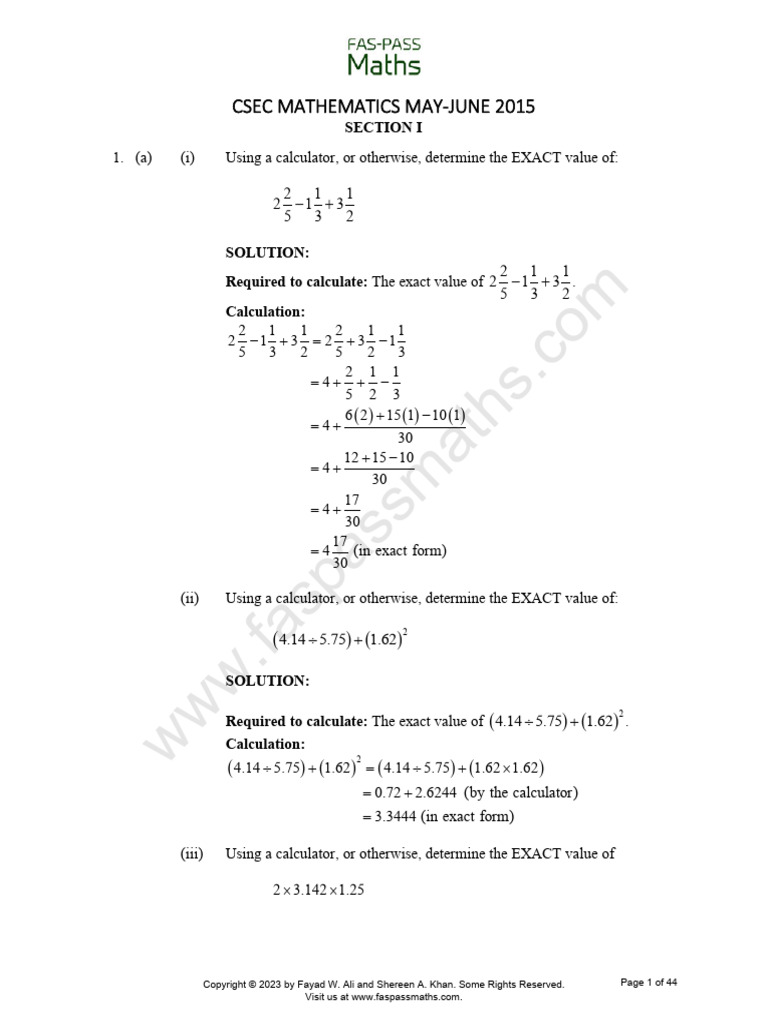 CSEC Mathematics Solutions May-June 2015 | PDF | Area | Rectangle