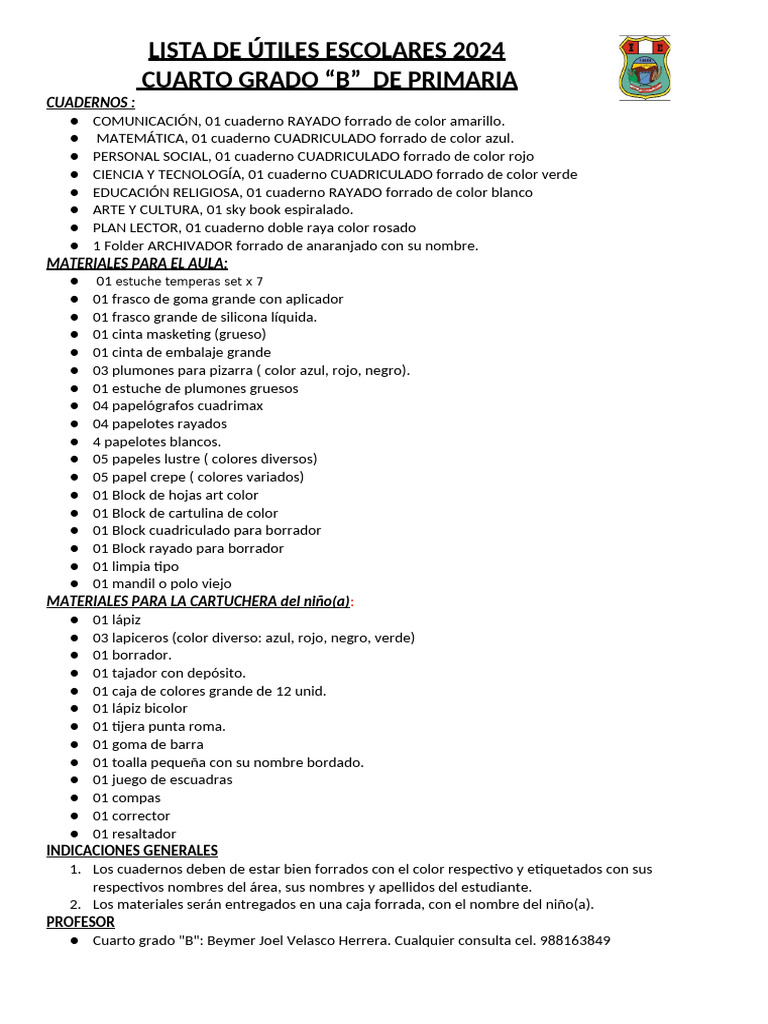 Lista de Útiles Escolares - Segundo Grado | PDF
