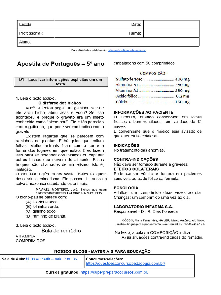 Apostila de Português - 5º Ano | PDF | Balão (Aeronáutica) | Futebol