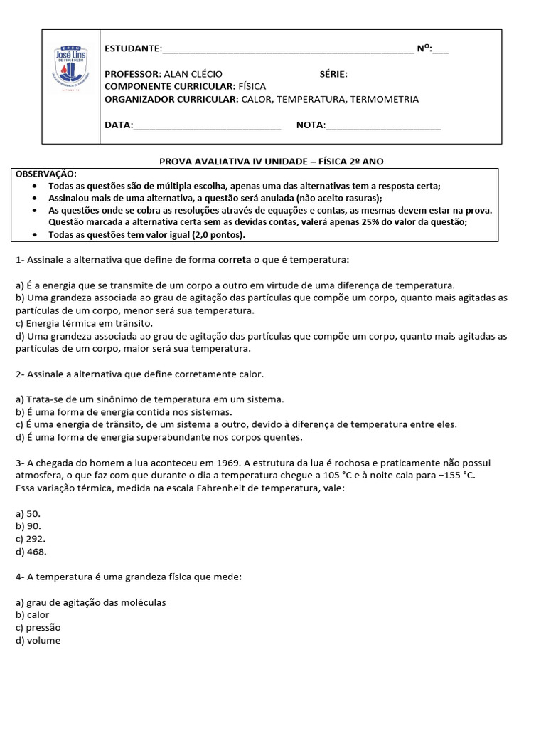 Prova de Física: Calor e Temperatura | PDF